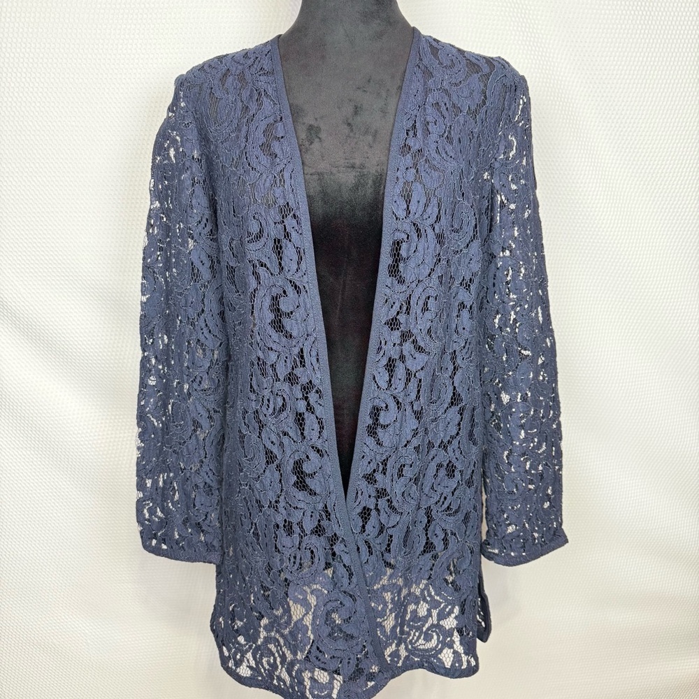 Bedford Fair Lace Tunic Cardigan Cover Open Front Jacket Sz 14 Navy Blue